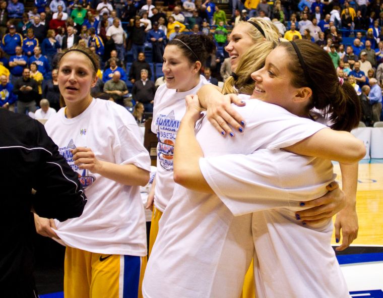 SDSU+players+celebrate+after+winning+their+third-consecutive+Summit+League+championship.+-+Collegian+Photo+by+Stephen+Brua%0A