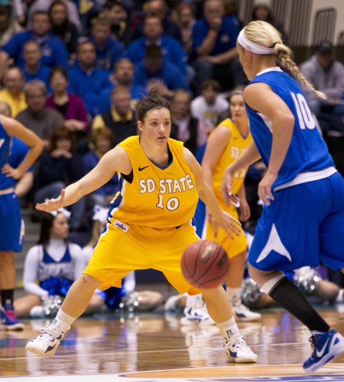Jill Young defends IPFW guard Sarah Haluska in Saturday's first-round Summit League Tournament game at the Arena. Young finished with eight points in SDSU's 80-57 win. - Collegian photo by Aaron Stoneberger

