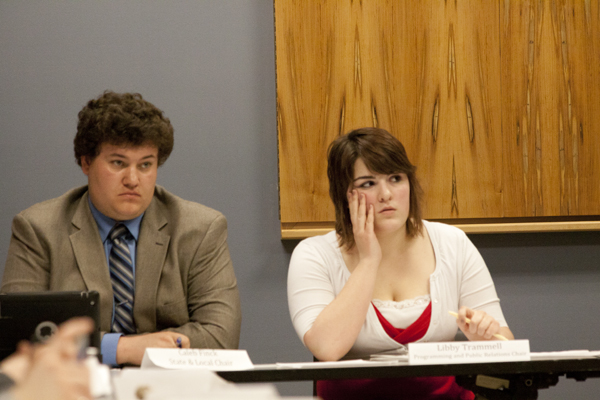 Sen. Caleb Fink and Sen. Libby Trammell participate in SA goal setting at Monday night’s meeting. The new council offered up many new ideas.
