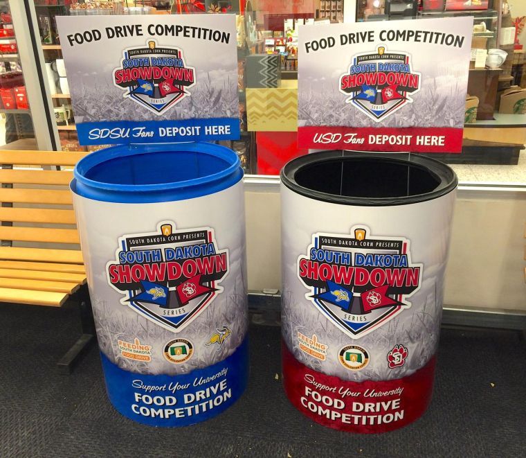 Bins for non-perishable food donations were set up at local Hy-Vee stores earlier this month for the South Dakota Showdown Series Food Drive for Feeding South Dakota. Those who donated were able to support either SDSU or USD in the competition, in which more than 17 tons of food was collected. 