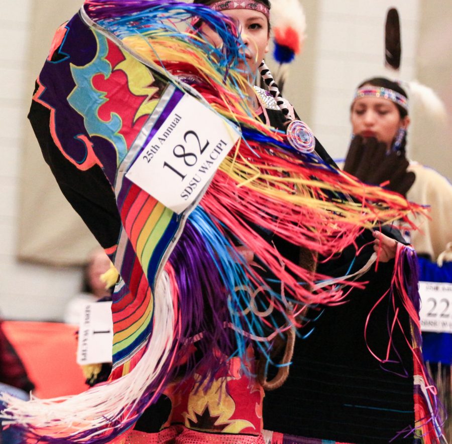 Samantha Sevier dances in her regalia at the SDSU Wacipi 2016 on Saturday, Feb. 20 in Brookings, South Dakota. This year the theme of the event is 