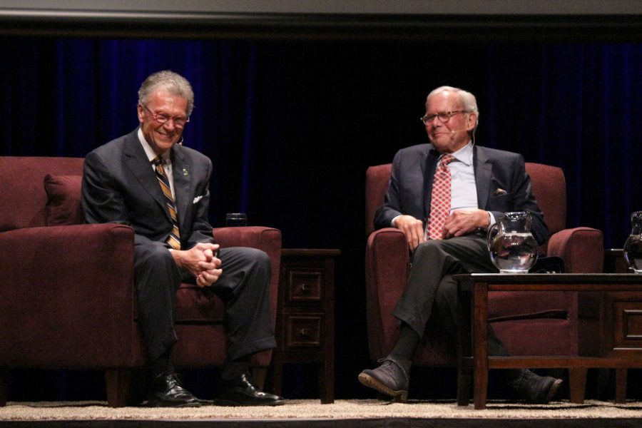 IAN LACK
Tom Daschle and Tom Brokaw sit on stage at the Performing Arts Center Oct. 19 during the 2017 Daschle Dialogues. The 2016 election and Donald Trump were the focus.