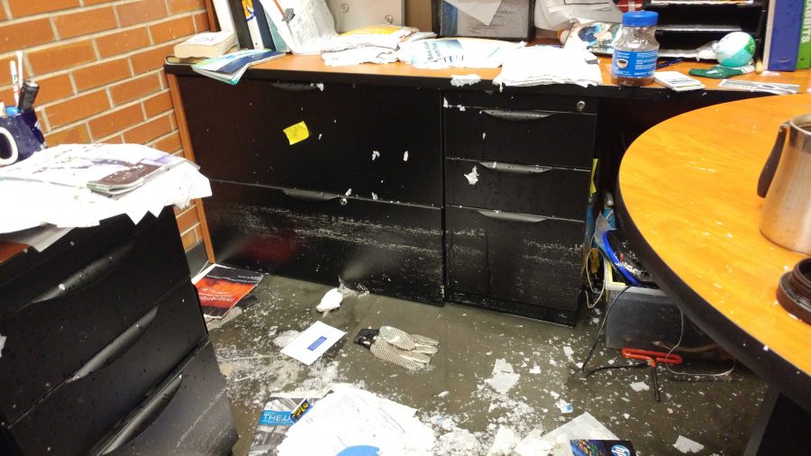SUBMITTED
Assistant Director of Event Services Mark Venhuizens office is totaled by a flood that started in his office. The water rose to a foot deep, leaving visible water lines on his drawers and file cabinets.