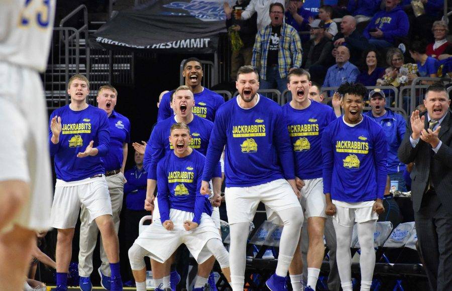The+Jacks+celebrate+a+Tevin+King+%282%29+basket+during+the+first+half+of+the+game+against+NDSU+March+5.+The+Jacks+beat+the+Bison+78-57.+SDSU+advances+to+the+championship+where+they+will+face+USD+at+8+p.m.+March+6+in+the+Denny+Sanford+Premier+Center.+By%3A+Abby+Fullenkamp