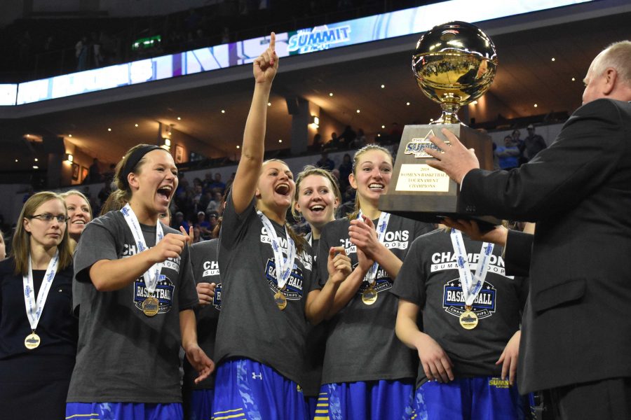 ABBY FULLENKAMP
The Jacks are presented the Summit League Championship trophy March 6 at the Denny Sanford PREMIERE Center. The Jacks beat the Coyotes 65-60. SDSU faces Villanova in the first game of the NCAA Tournament at 6:30 p.m. March 16 in Notre Dame, Indiana.