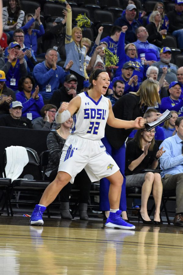 ABBY+FULLENKAMP+Junior+forward+guard+Sydney+Palmer+%2832%29+celebrates+a+basket+by+Ellie+Thompson+%2845%29+during+the+second+half+of+the+game+against+NDSU+March+3.+The+Jacks+beat+the+Bison+87-62.+The+women+will+play+March+5+in+the+semifinals.+