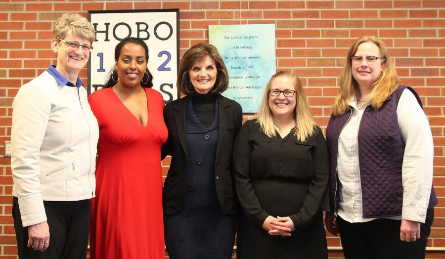 From left are the 2018 April Brooks Woman of Distinction Award recipients: Jane Mort, Semehar Ghebrekidan, Janet Johnson, Lacey McCormack and Michelle Leeds.
