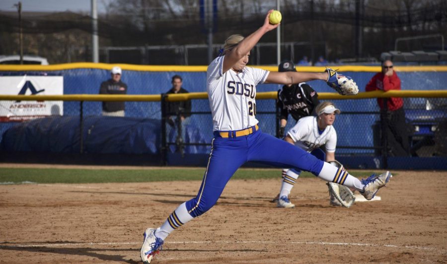 FILE PHOTO
Senior Madison Hope pitches during the game against Omaha April 21, 2017. SDSU faces USD at 12 p.m. and 2 p.m. Saturday, April 7 in Sioux Falls.