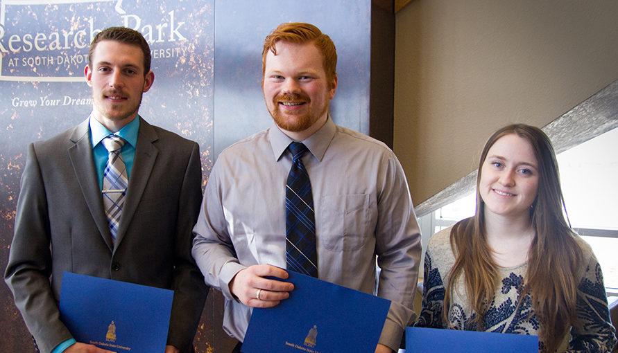 The First Dakota National Bank New Venture Competition finalists were, from left, Nathan Lax, Logan Roth and Laurel Diekhoff. Diekhoff, a sophomore from Wessington, won the competition.
