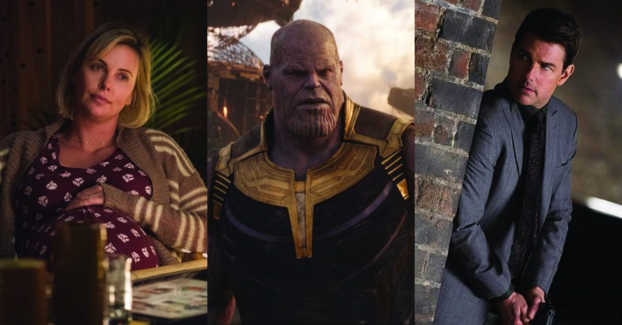 COURTESY OF FOCUS, DISNEY, PARAMOUNT - Charlize Theron stars as a mother stretched to her limits in “Tully.” (left) Josh Brolin portrays the mad titan, Thanos (middle), in the latest Marvel installment, the culmination of a decade of superhero films in “Avengers: Infinity War.” Tom Cruise is back once again as Ethan Hunt, an agent for the Impossible Mission Force in “M:I -Fallout.” (right)