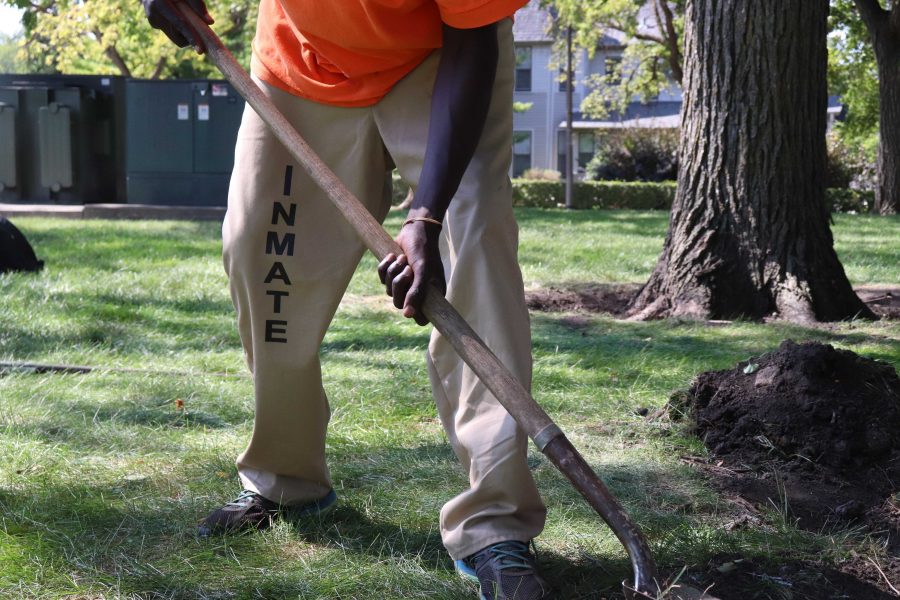 A close-up view of Khai’s pants reveals the word, “INMATE” printed along the side. Khai’s orange shirt also has this printed across the back, but Khai typically wears his shirt inside-out, a choice he made to avoid “getting judged” on campus. (The Collegian, Ian Lack)