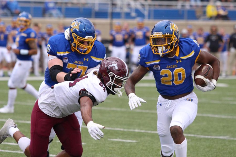 Former South Dakota State running back Pierre Strong Jr. sheds a Southern Illinois defender in a regular season game last season. That year, Strong had his best season as a Jackrabbit, leading the FCS in rushing yards (1,686) and scoring 18 rushing touchdowns. 