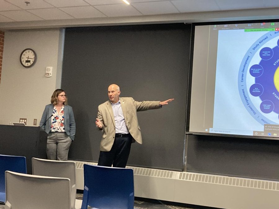 Michaela Willis and Dennis Hedge present their current plans for SDSU’s opportunity center to students during the Oct. 26 listening session. This was the first of three sessions hosted by university officials to discuss opportunity centers.
