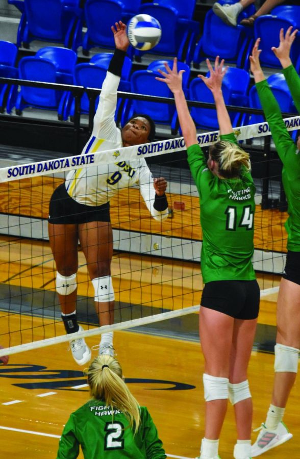 Outside hitter Crystal Burk spikes the ball over the net against North Dakota earlier this season. Burk had 18 kills and 10 digs in SDSU’s latest game against Oral Roberts.