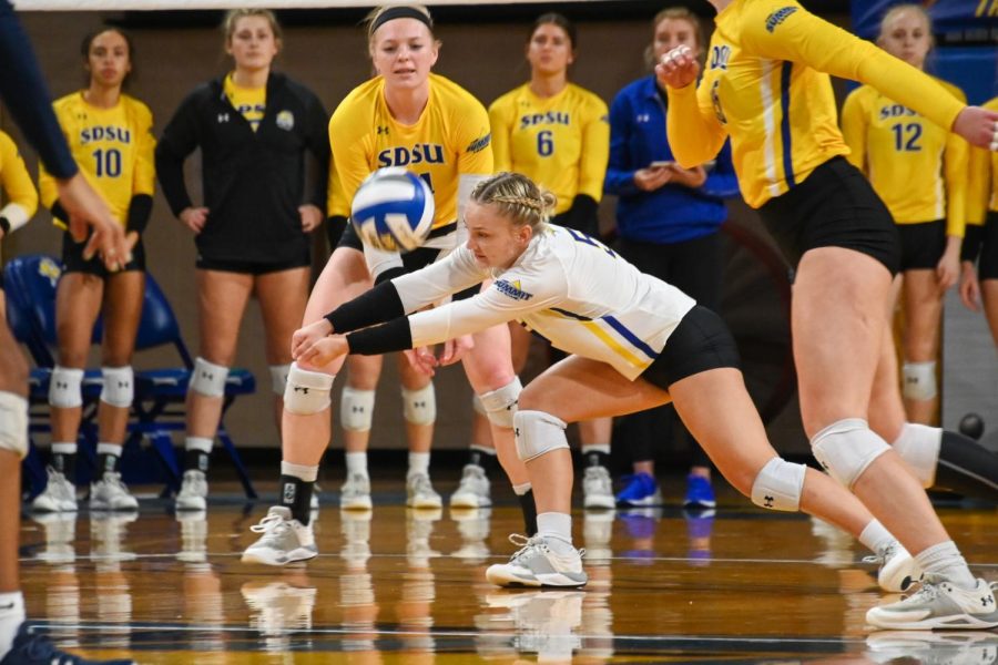 Senior Tatum Pickar dives for a dig in their win over ORU. Pickar is the team-leader in digs with 242 this season.