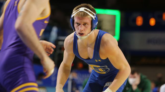 141-pounder Clay Carlson in a meet from earlier this season. In SDSU’s latest dual against West Virginia, Carlson, ranked seventh in his weight class, defeated WVU’s Caleb Rea by a 13-4 major decision.