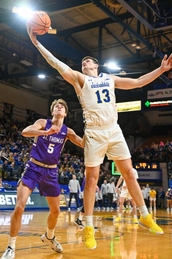 Jackrabbit Luke Appel grabs a rebound in a Summit League game against St. Thomas last Saturday. Against Oral Roberts on Thursday, Appel scored 41 points, more than doubling his previous career high of 20 points.