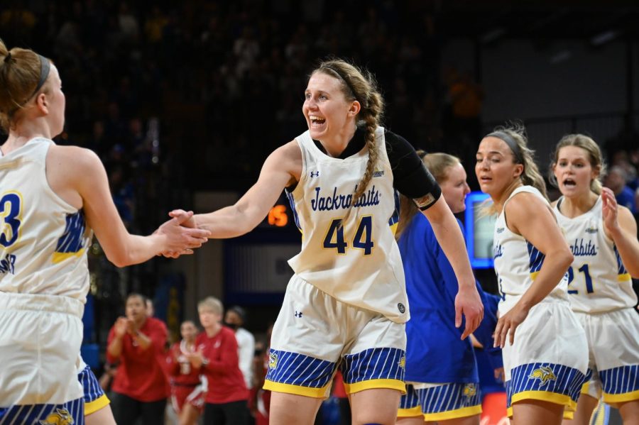 South Dakota State’s Myah Selland (44) celebrates after a play with teammate Haleigh Timmer (13) in the Jacks’ WNIT game against Alabama Mar. 27 at Frost Arena. Both Selland and Timmer were named to the WNIT All-Tournament team. The duo will be back next season.
