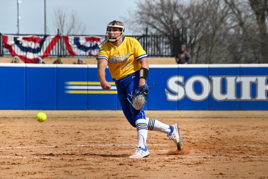 South Dakota State’s Grace Glanzer pitching in a Summit League softball game Saturday against Western Illinois at Jackrabbit Softball Stadium. Glanzer pitched in game one of Saturday’s doubleheader and posted six strikeouts.