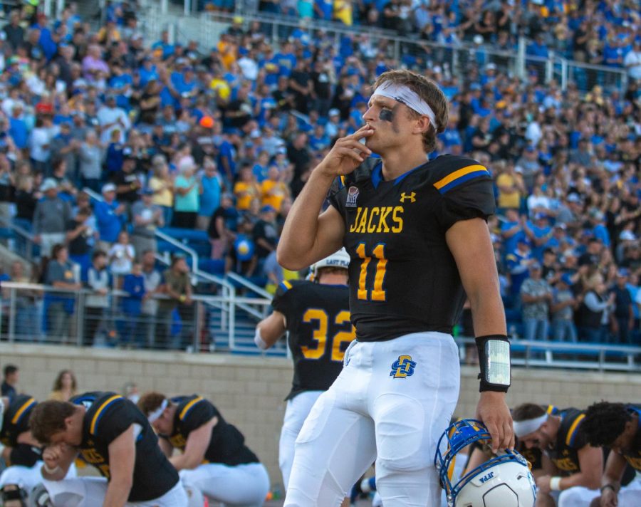 Quarterback Mark Gronowski before a game against Butler Sept. 17 at Dana J. Dykhouse Stadium. Gronowski had his best game of the season Saturday in the Jacks 28-14 over Missouri State. Gronowski was 22-for-29 passing for 319 yards and 4 touchdowns. He also added 20 rushing yards.