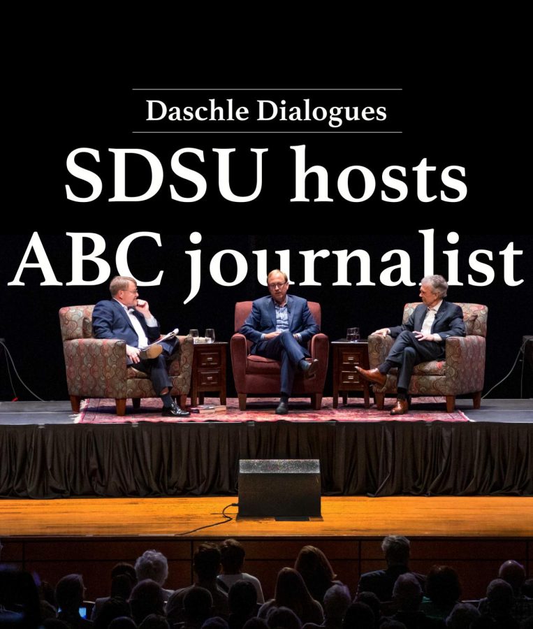 Chuck Raasch leads discussion during the Daschle Dialogues event with Jonathan Karl and Senator Tom Daschle Sunday night at the Performing Arts Center. 
