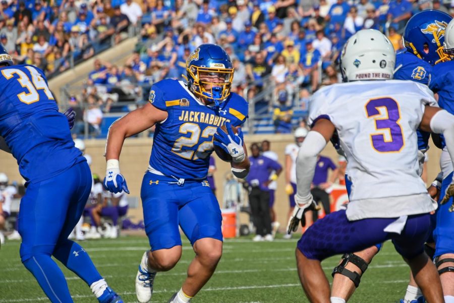 South Dakota State running back Isaiah Davis carries the ball in a Missouri Valley Football Conference game against Western Illinois Oct. 1. Davis rushed for 199 yards and two touchdowns and was named conference player of the week.