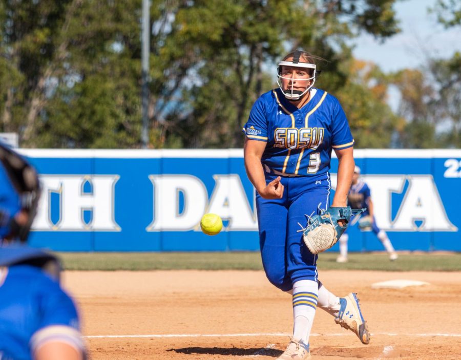 SDSU pitcher Grace Glanzer pitches the ball in a softball exhibition game against St. Cloud state Sept. 25. Glanzer returns to a changed roster with aspirations of making the Women's College World Series. 