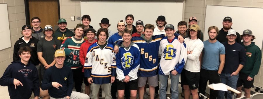 Newly instated men’s club hockey pose for picture after meeting showing team and Jackrabbit pride. The club is still looking for members and volunteers — if interested, contact Wyatt Hanson, club president.