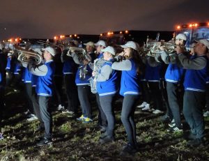 The Pride of the Dakotas marching band performs at the Jackrabbit Pep Rally in Frisco, Texas.