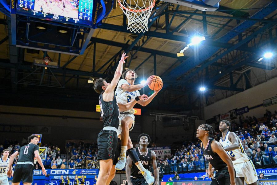 South Dakota State's Zeke Mayo attempts a layup in a Summit League basketball game against Omaha Jan. 19 at Frost Arena. Mayo scored 31 points against the Mavericks on his way to being named the Summit League Peak Performer of the Week. 