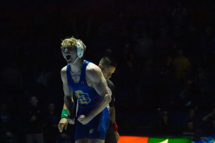 South Dakota State’s Cael Swensen celebrates a match win in a Big 12 dual against Wyoming Jan. 22 at Frost Arena. The Jackrabbits carry a 10-dual winning streak into this weekend’s matchups. During that winning streak, the 157-pound redshirt freshman didn’t lose a match he faced, going 10-0 during the streak.