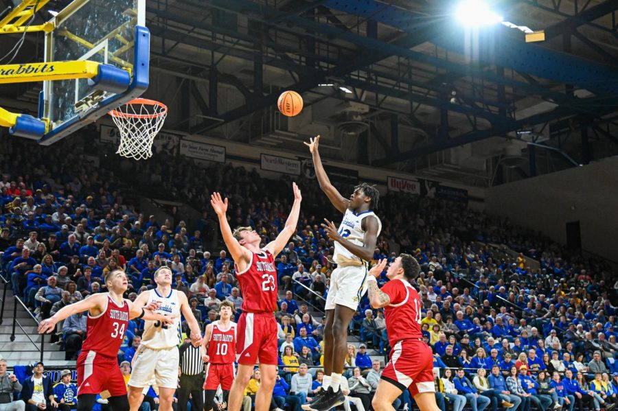 South Dakota States William Kyle III attempts a layup in a Summit League basketball game Feb. 11 against South Dakota at Frost Arena.