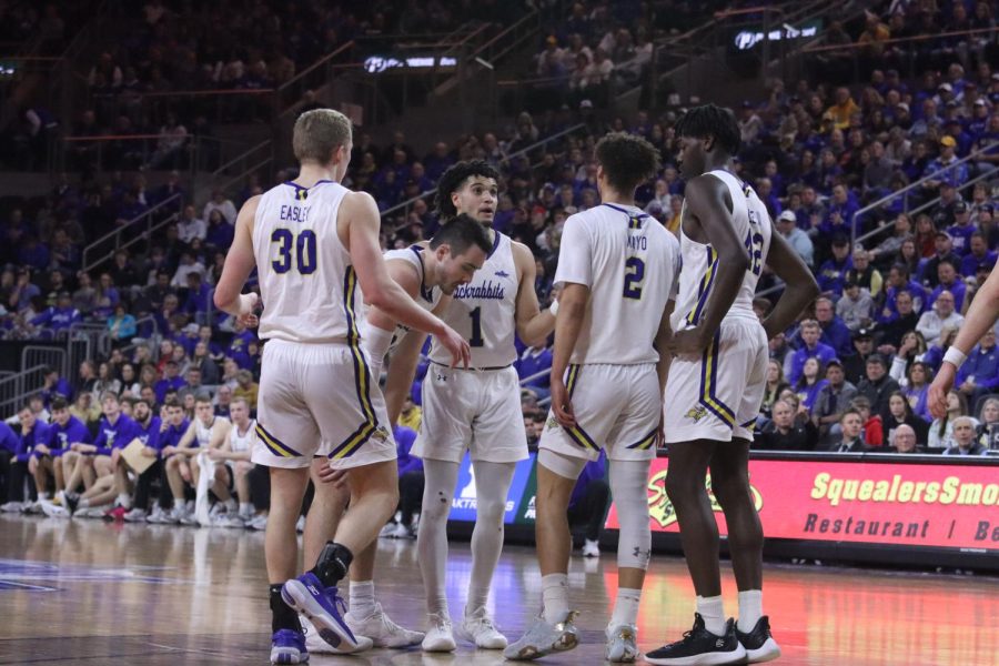 The SDSU mens basketball team during its 89-79 loss to NDSU Monday night at the Denny Sanford PREMIER Center in Sioux Falls. The Jacks are eliminated from the Summit League Tournament with the loss, ending their season.  