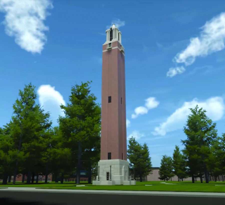 A virtual rendering of The Campanile seen through the virtual reality headsets on canmpus 