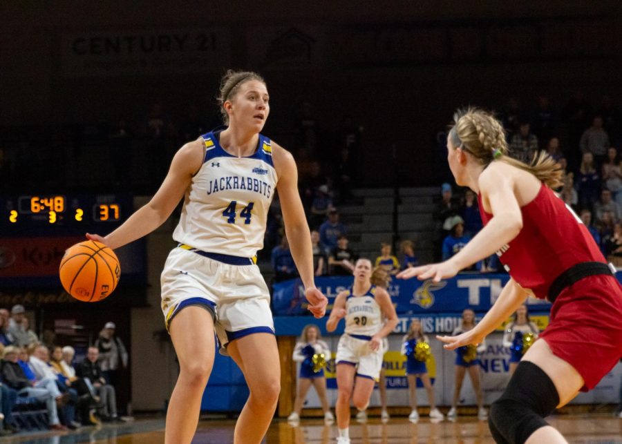 South Dakota State forward Myah Selland drives on South Dakotas Cassidy Carson in a Summit League womens basketball game Jan. 14 at Frost Arena. Selland scored 19 points on an efficient 7-10 shooting in that game as the Jackrabbits blew out the Coyotes 118-59, the Jackrabbits highest margin of victory of the season. 
