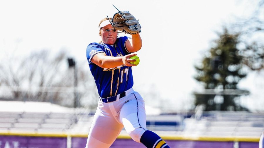 Pitcher Tori Kniesche pitching in a game earlier this season. Kniesche had a big weekend against St. Thomas last weekend, only allowing two hits and 19 strikeouts in 12 innings pitched in the Jacks series sweep over the Tommies. 
Photo by Kylie Macziewski from GoJacks.com