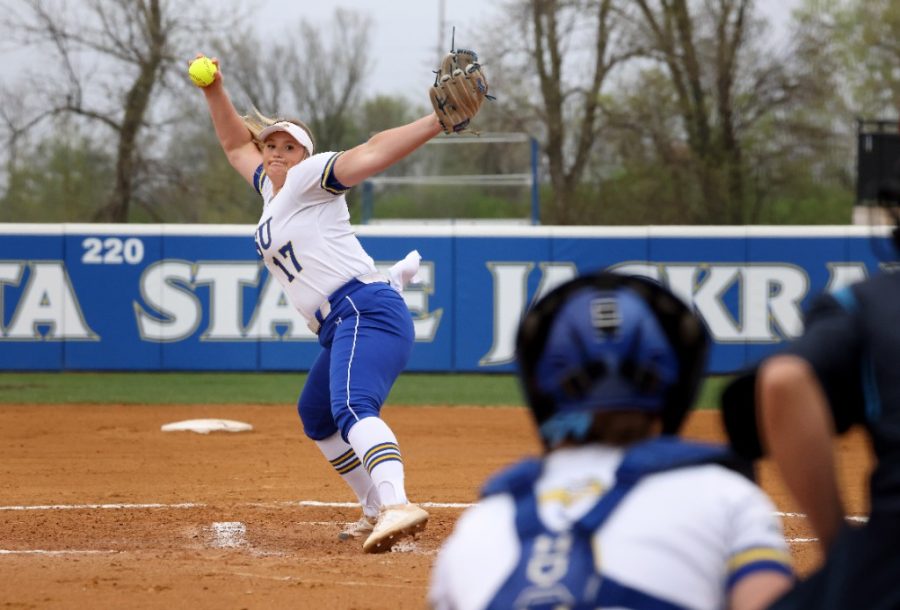South Dakota State pitcher Tori Kniesche throws a pitch in a softball game against South Dakota in Brookings on Friday, May 12, 2023