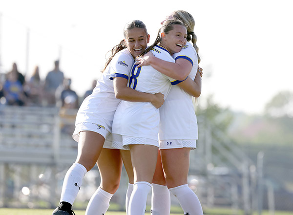 BROOKINGS, SD - AUGUST 17: Avery LeBlanc #8 from South Dakota State University celebrates the first goal of the season against Manitoba at Fischback Soccer Field in Brookings, SD. (Photo by Dave Eggen/Inertia)