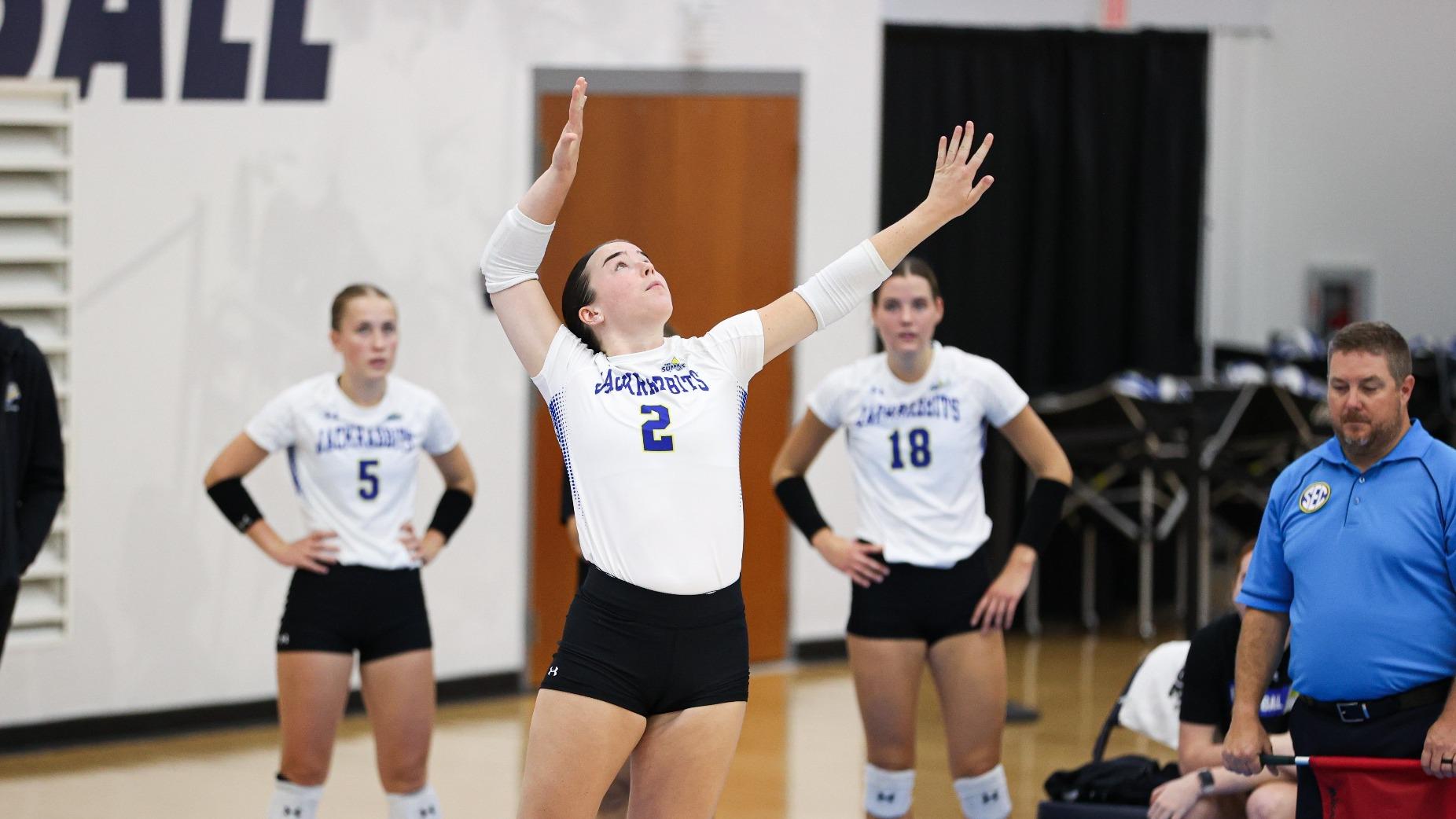 Faith Saewert serves to the opponent at the Ole Miss Invitational in Oxford, Miss. (GoJacks.com/Reed Jones)