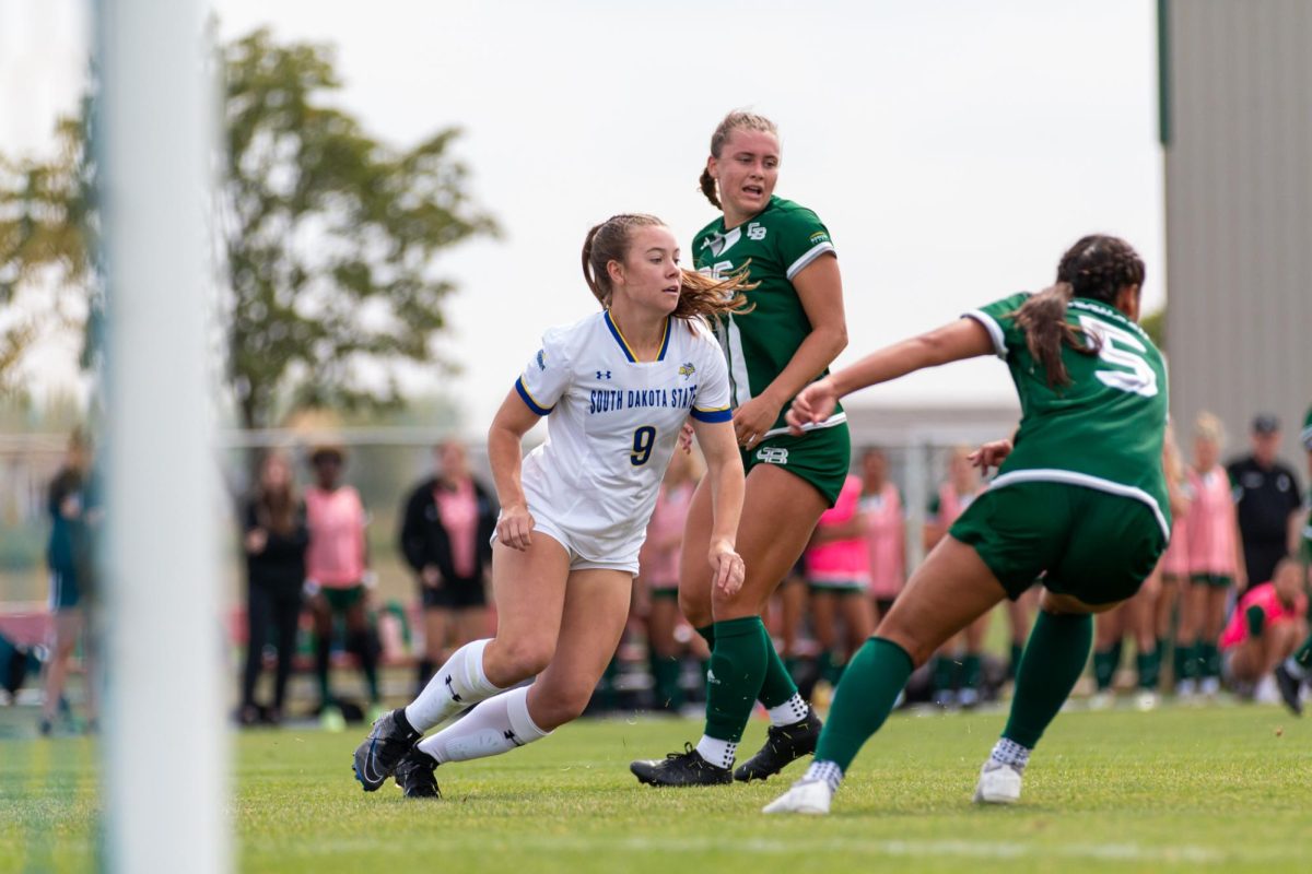 South Dakota State’s Katelyn Buelk (#9) drives on the pitch during a 5-0 win over the University of Green Bay Sept. 10, 2023 at Fishback Soccer Park in Brookings.