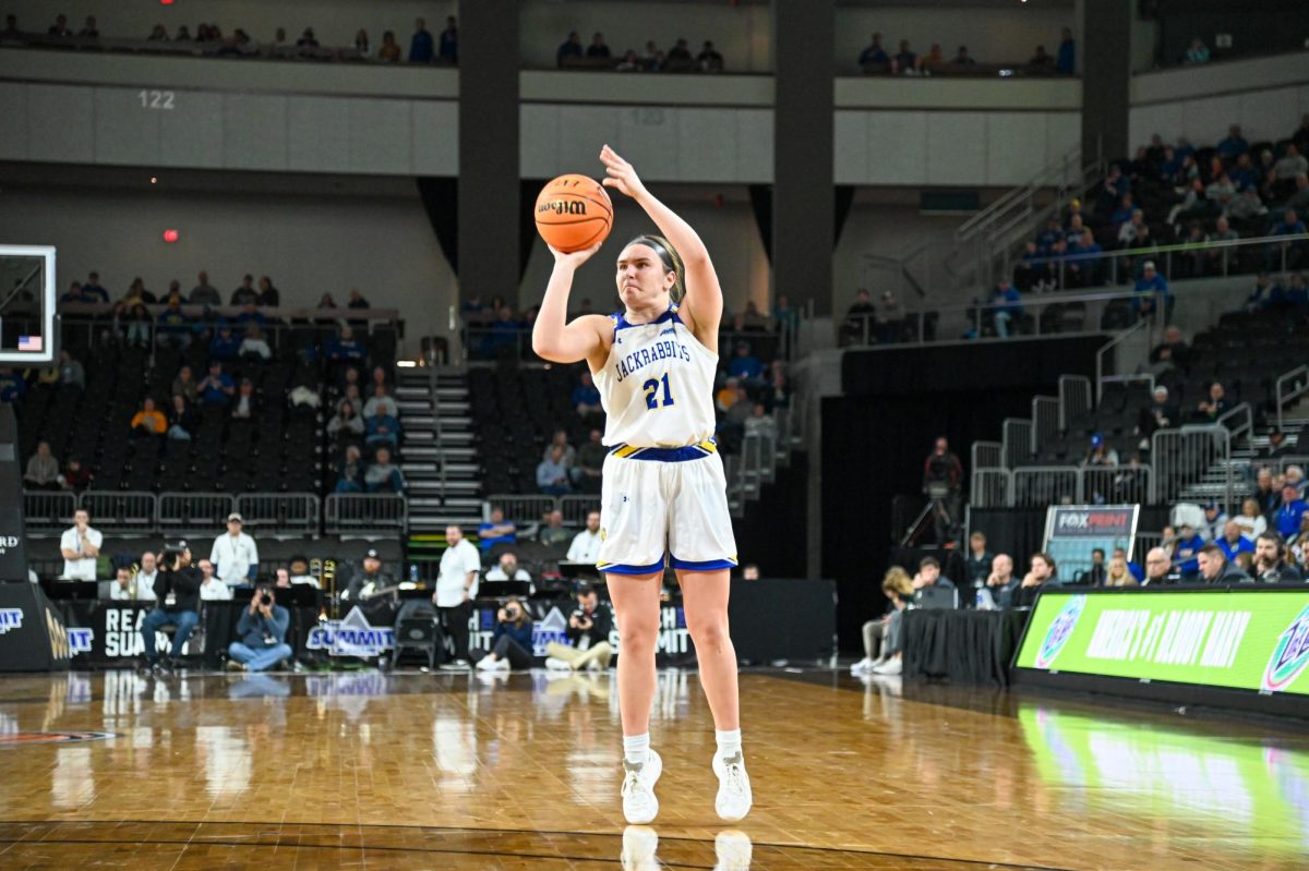 Paige Meyer letting it rain from deep in the 87-60 victory in the semifinals against Oral Roberts in the 2022-23 season. Meyer, a junior from Minnesota was selected to the 2023-24 All-Summit League second team. 