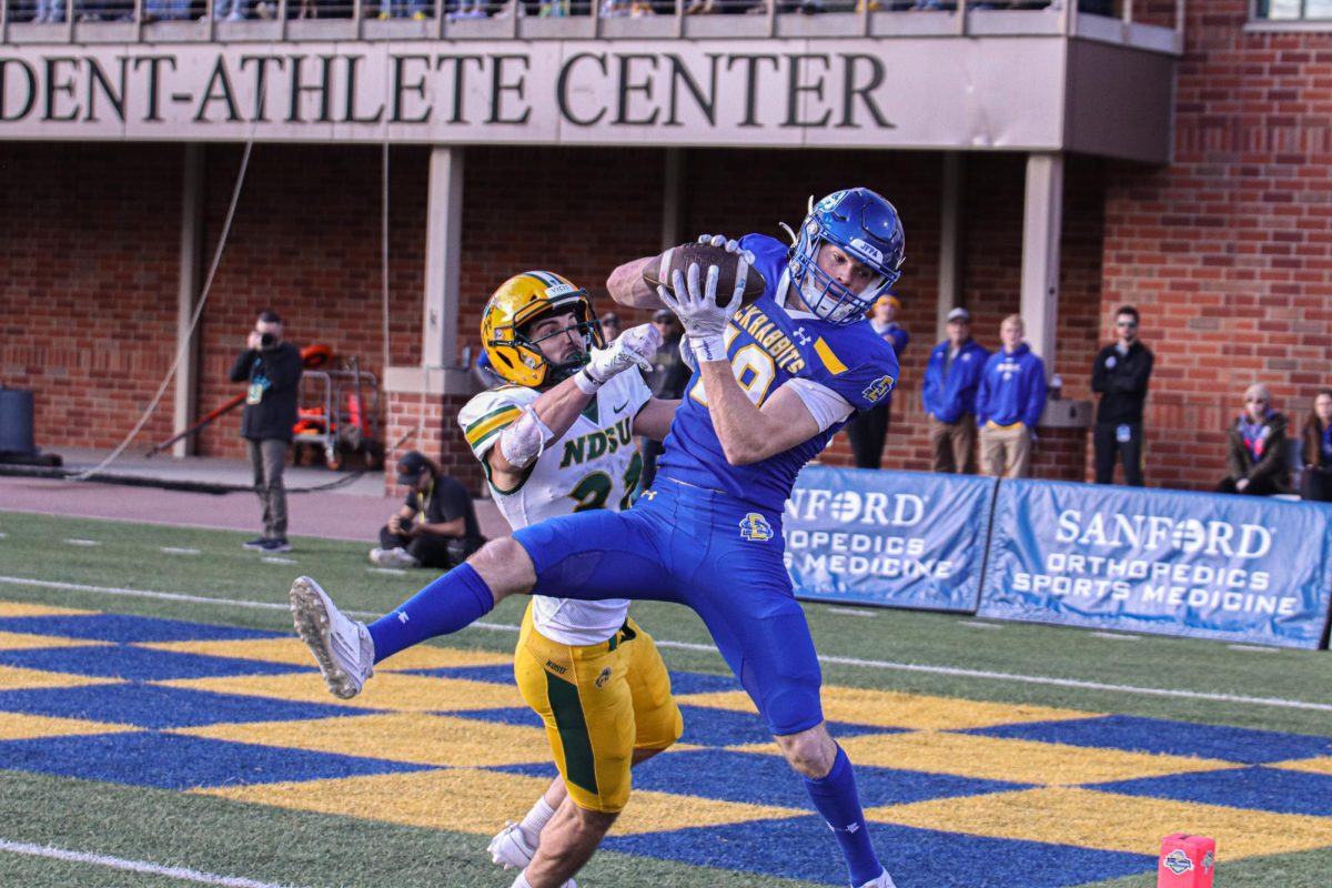 Wide receiver Griffin Wilde catches a pass  in the Jacks’ 33-16 win over NDSU Saturday at Dana J. Dykhouse Stadium. The win tied the Dakota Marker series at 10 wins apiece. 