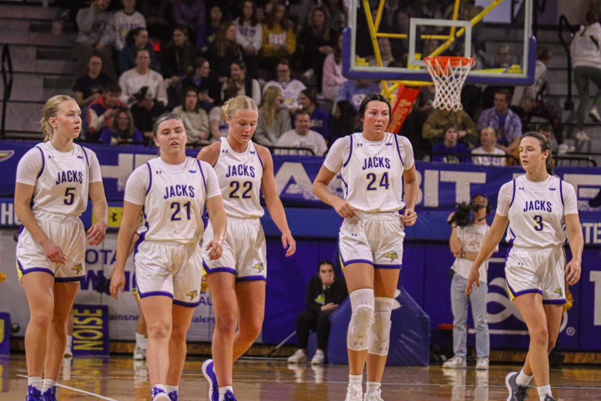 From left to right: Ellie Colbeck (5), Paige Meyer (21), Madysen Vlastuin (22) and Mesa Byom (24) in their win against Arkansas State 55-42 on Nov. 6.