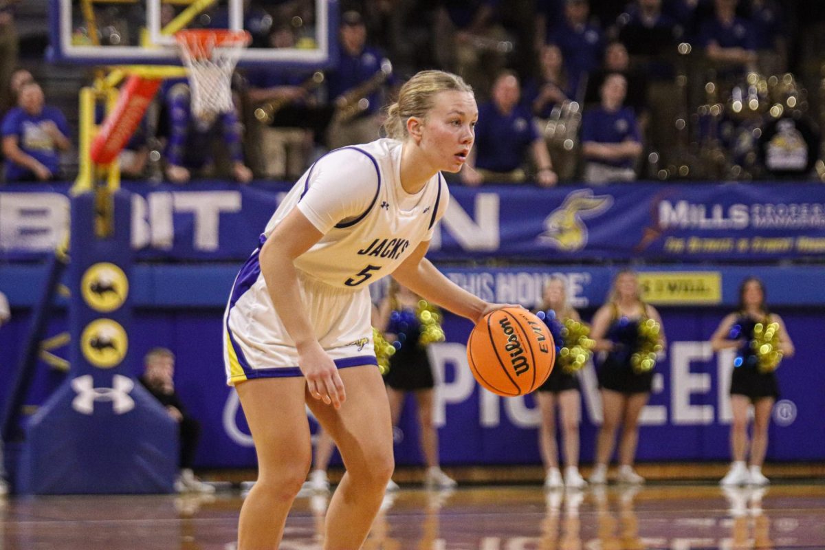 Ellie Colbeck handles the ball for the Jackrabbits during their win against Arkansas State in Frost Arena on Monday, Nov. 6, 2023.