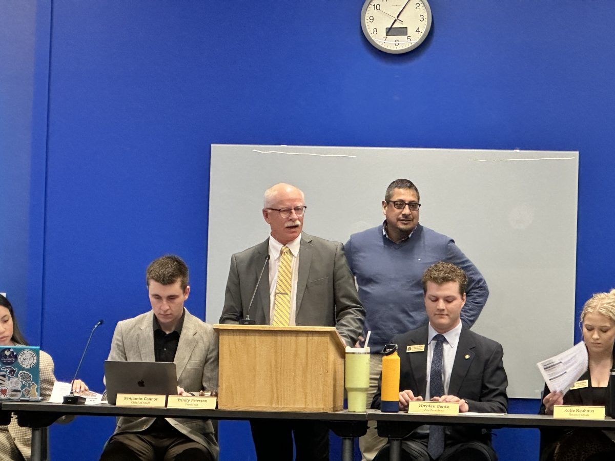 Brookings Mayor Ope Niemeyer addresses the SDSU Students Association along with City Manager Paul Bresino at their regular meeting on Monday, Jan. 22, 2024.