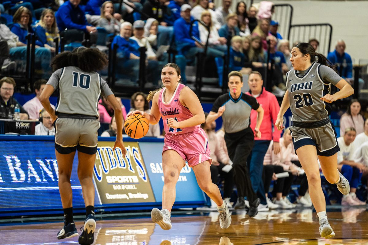 Paige Meyer works to set up the Jacks’ offense in their 96-80 victory over Oral Roberts in Frost Arena Jan. 28, 2024. Meyer had the most assists in a game by a Jackrabbit since around the 2009-2010 season with 11.