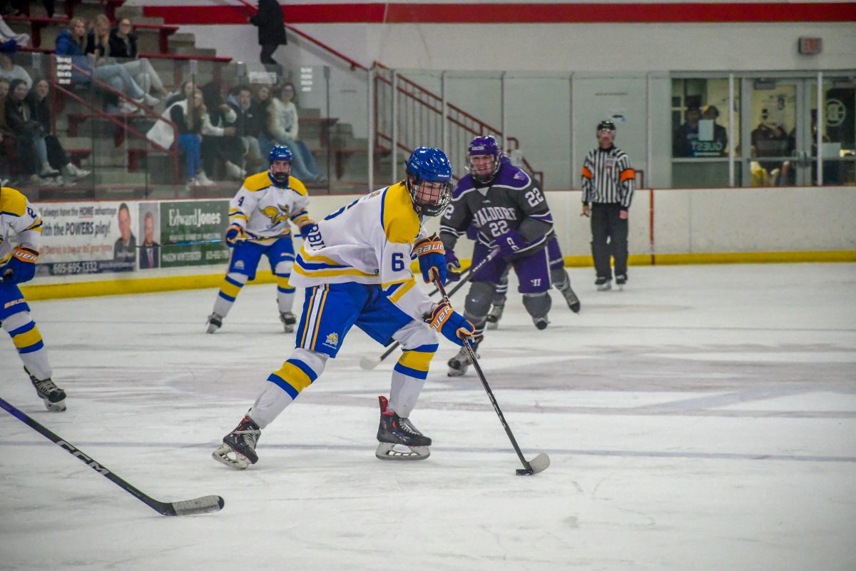 An SDSU hockey player skates with the puck during a game against Waldorf in Brookings at Larson Ice Center.