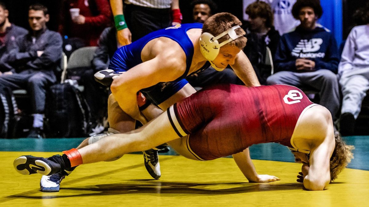 Clay Carlson takes down his opponent from Oklahoma in the Jackrabbits 20-13 victory on Feb. 9, 2024.