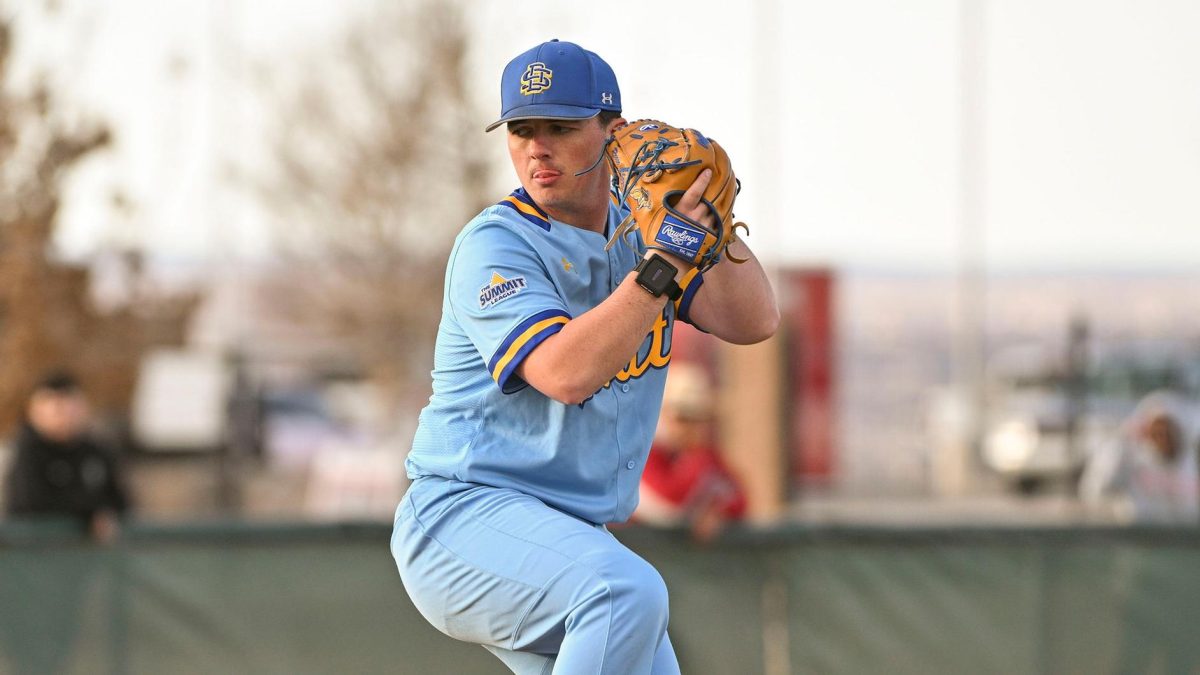 Jackrabbit pitcher, Reece Arbogast winds up before throwing a pitch to home plate. Arbogast pitched 6 2/3 scoreless innings against Oral Roberts in the Jacks three game sweep.
