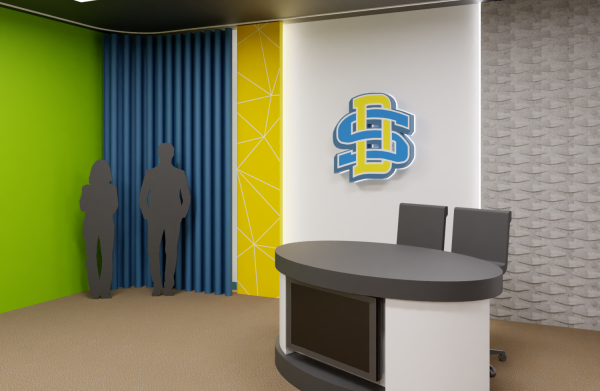 Both photos are artist renderings of the Yeager Media Studio after renovations will occur this summer and is planned to be completed when students return the following year. The ‘refresh’ will include an audio mixer, soundproofing equipment, new lighting and other upgrades to the building.  